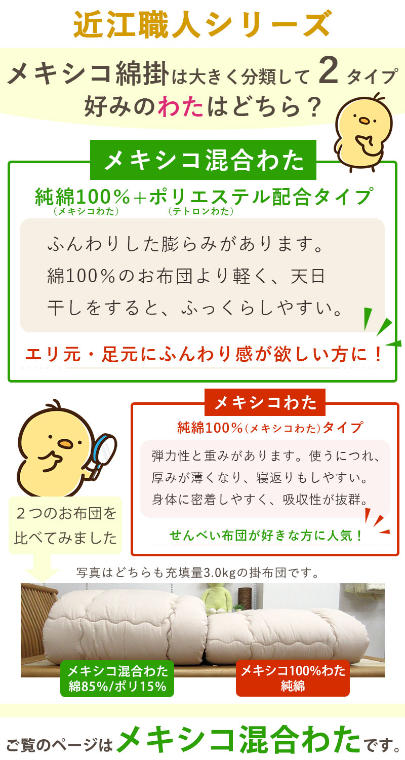 西川カバー付き メキシコ綿混わた 綿わた掛布団 シングル 2kg 3kg 4kg