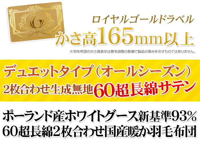 羽毛布団 ダブル 暖かい布団 グース93% オールシーズン2枚合わせ羽毛