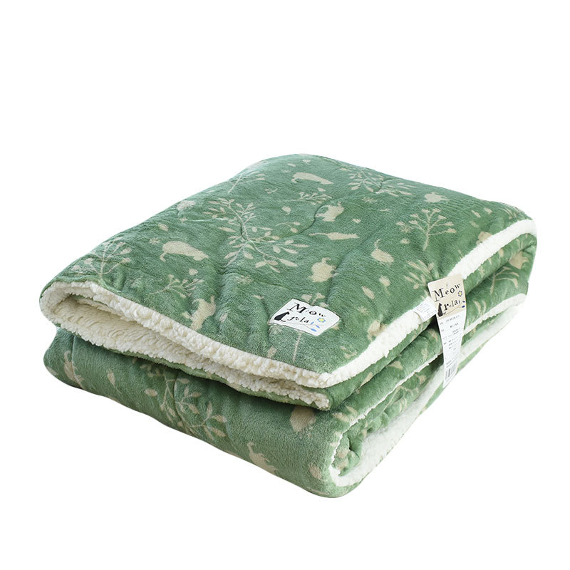 暖かい毛布 わた入り毛布 シングル ねこ柄 フランネル＆シープ調ボア