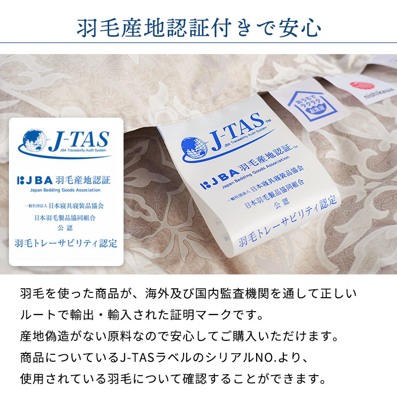 【新品未使用】　西川　羽毛　掛布団　ダウン90% 日本製　J-TAS公認 西川（nishikawa） 羽毛肌掛け布団 シングル グースダウン90％ 増量
