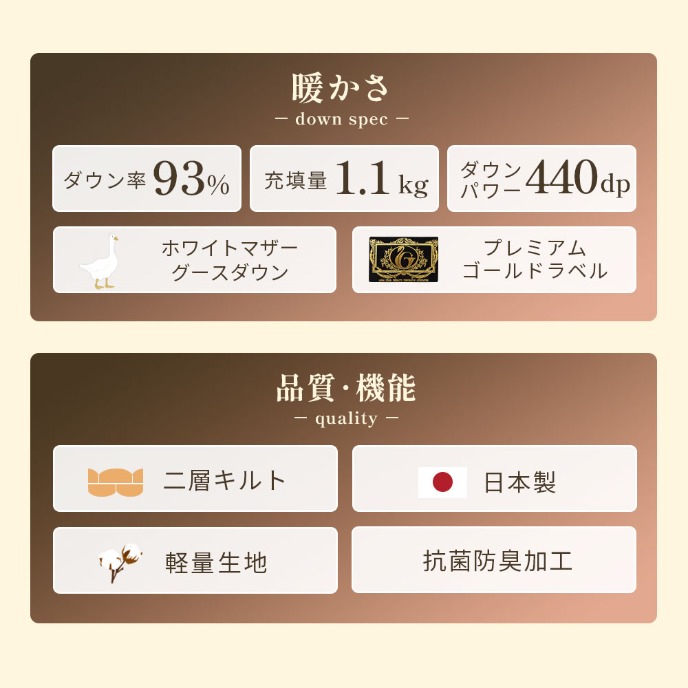 羽毛布団 暖かい布団 シングル マザーグースダウン93％ 日本製 2層