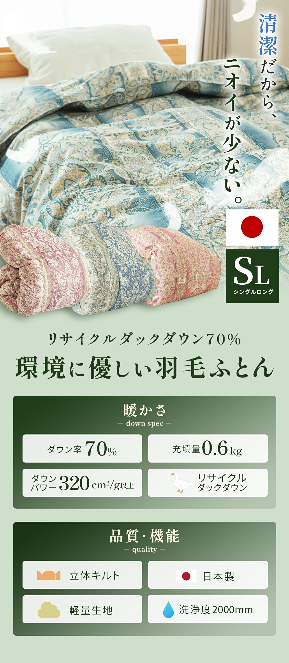 羽毛布団 シングル リサイクルダウン70％ 河田フェザー 日本製 0.6kg