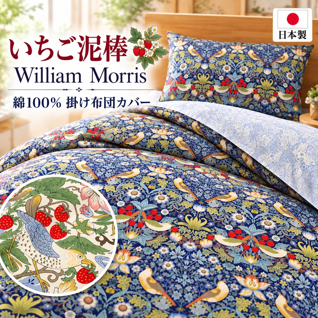 西川 掛け布団カバー いちご泥棒 ウィリアムモリス 150x210cmシングル WILLIAM MORRIS GALLERY 掛け布団カバー クィーン 210×210 日本製 綿