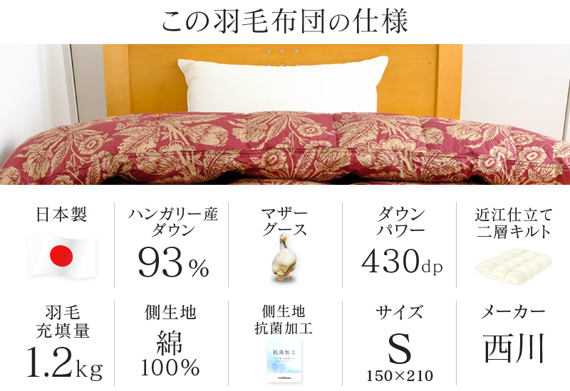 昭和西川 100年羽毛］羽毛布団 日本製ハンガリー産ホワイト