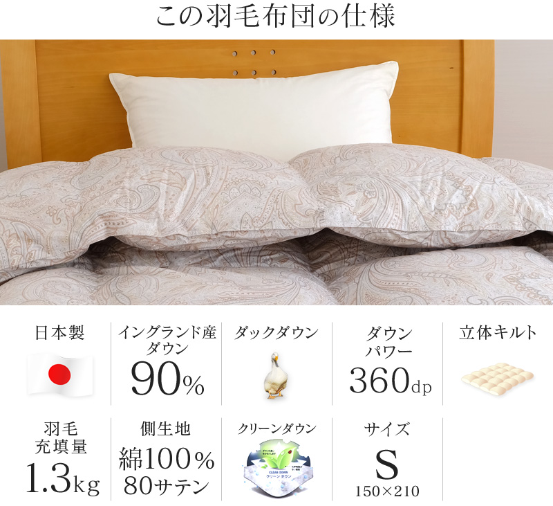羽毛布団 シングル 150×210cm 360dp イングランド産ダウン90％ 1.3kg