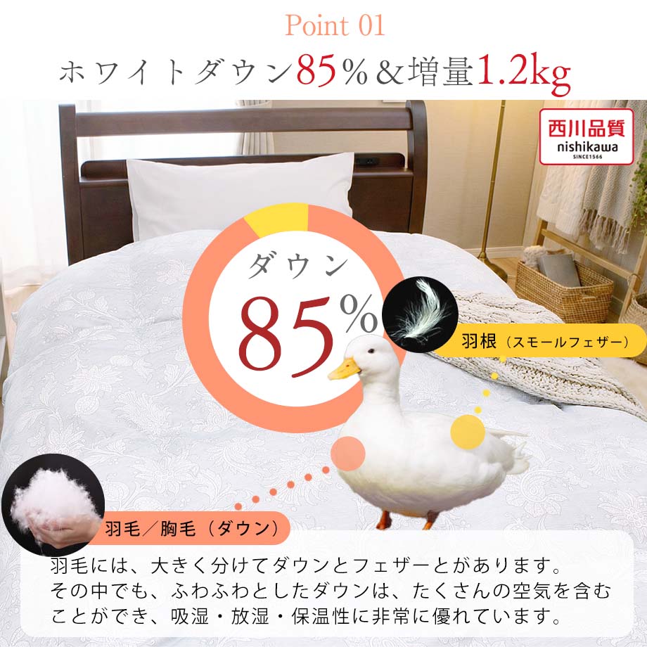 高級　羽毛布団 シングル　丸八真綿　西川 西川（nishikawa） 羽毛布団 シングル あったか 増量 1.2kg 立体キルト