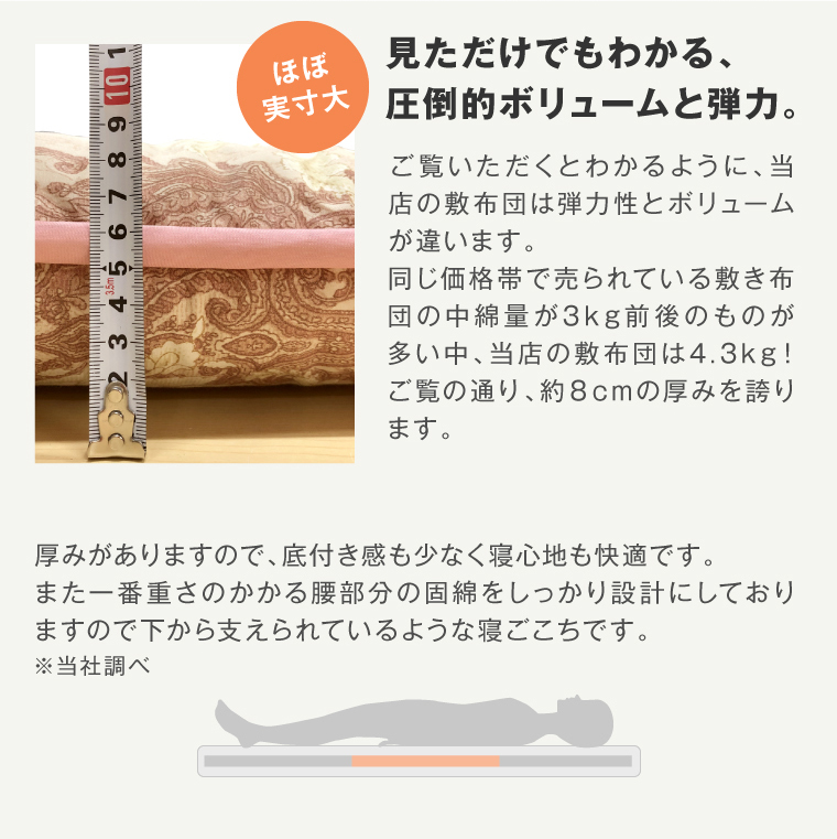 日本製】【送料無料】【柄おまかせ】敷き布団 シングルロングサイズ 100×210cm 中綿4.3kg 腰しっかり コンパクト梱包 沈み込みにくい バランスタイプ｜futtonda｜05