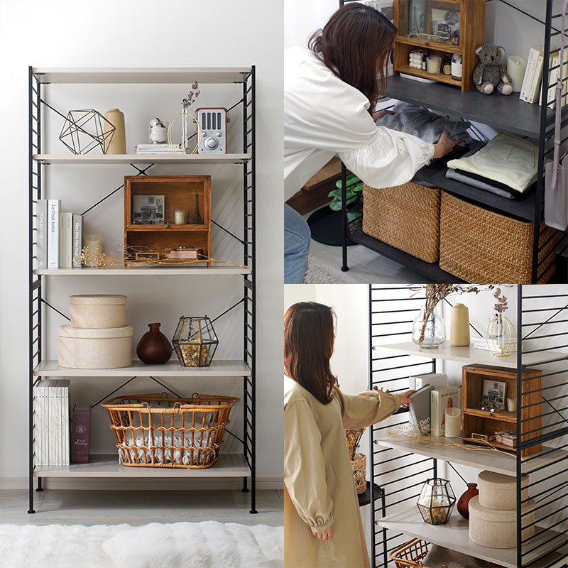 ワイエムワールド 5段 スチールラック 木目 木製棚板 キッチン 黒 収納