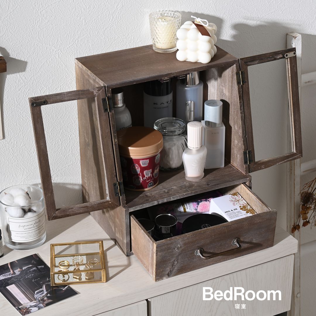 Silkさん専用)アンティーク風 木製キャビネット ガラス扉付き 引き出し