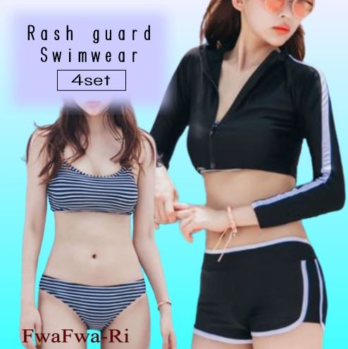 水着・ラッシュガード zip open frill bikini tops,short pants 2color ストライプシャツラッシュガード セットアップ