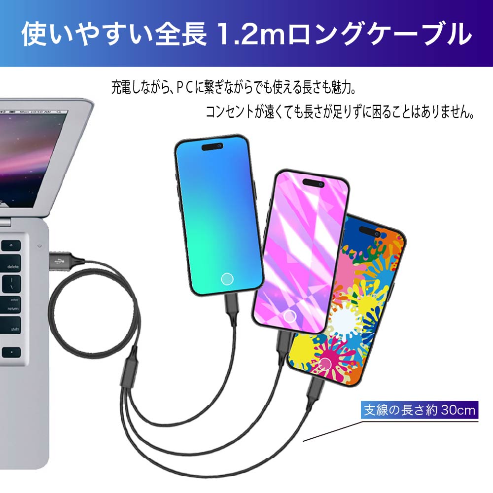 幕末] 2本セット USB Type C ケーブル 充電ケーブル 3in1 3台 一本三役