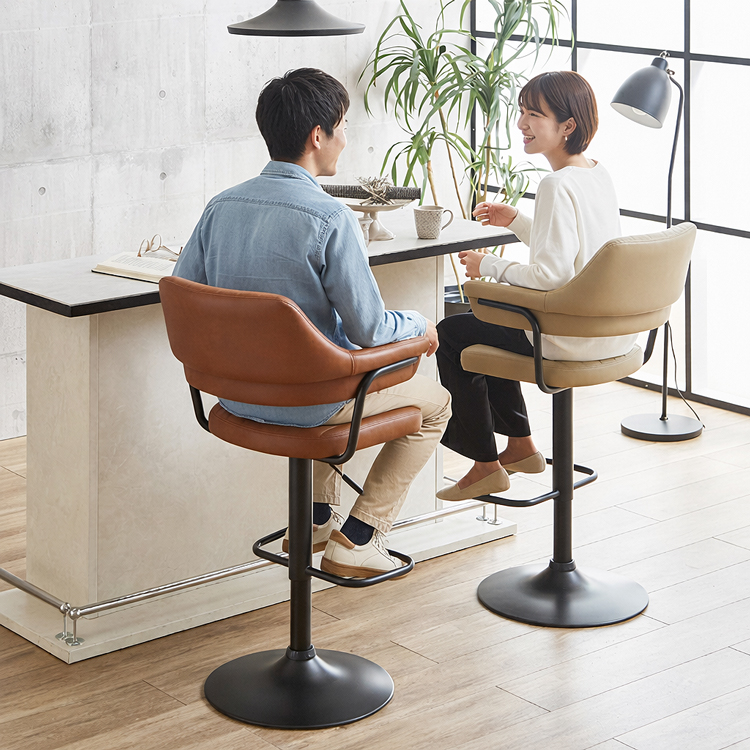 カウンターチェア バーチェア 背もたれ付き 肘付き 回転 昇降式 座面高