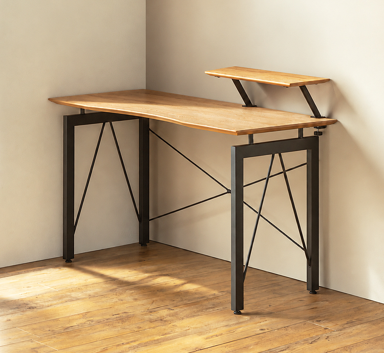 ［新品］オーク突板 パソコンデスク 120 コンセント付き アイアン脚 パソコンデスク 幅120cm 奥行60cm 上棚付き オーク突板 スチール脚