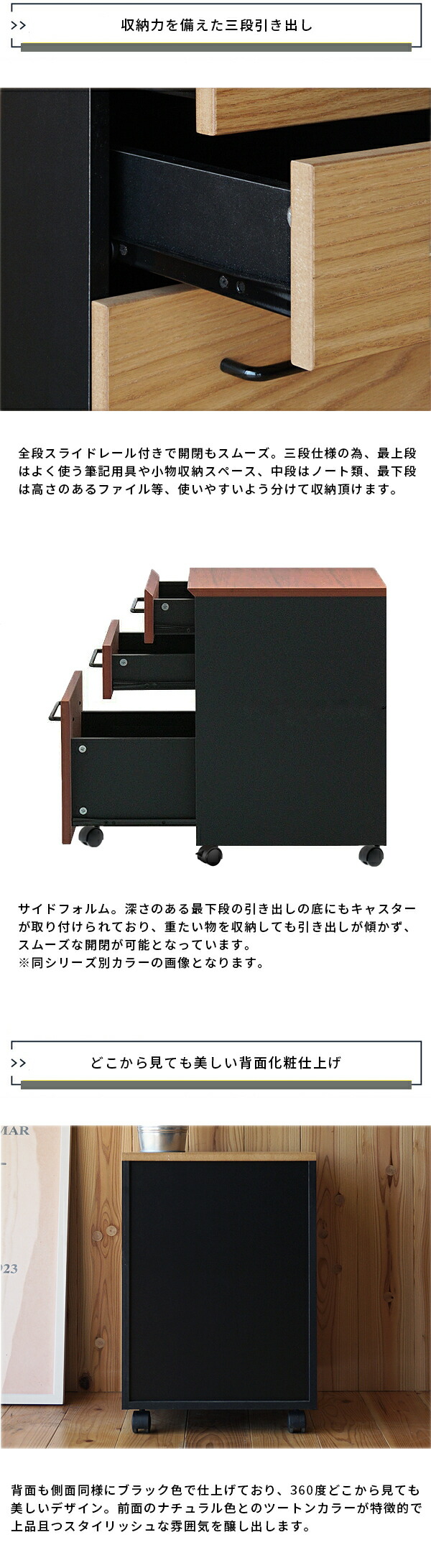 デスクワゴン プリンター台 ファイルワゴン 3段 デスク下 収納 サイド