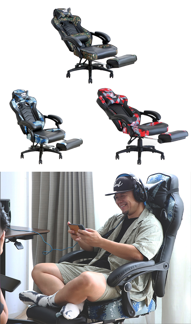 ゲーミングチェア オットマン 肘付き チェア ハイバック リクライニング ファブリック PVC ネイビー 完成品＋設置付き】ゲーミングチェア〔ファブリックタイプ〕（ネイビー