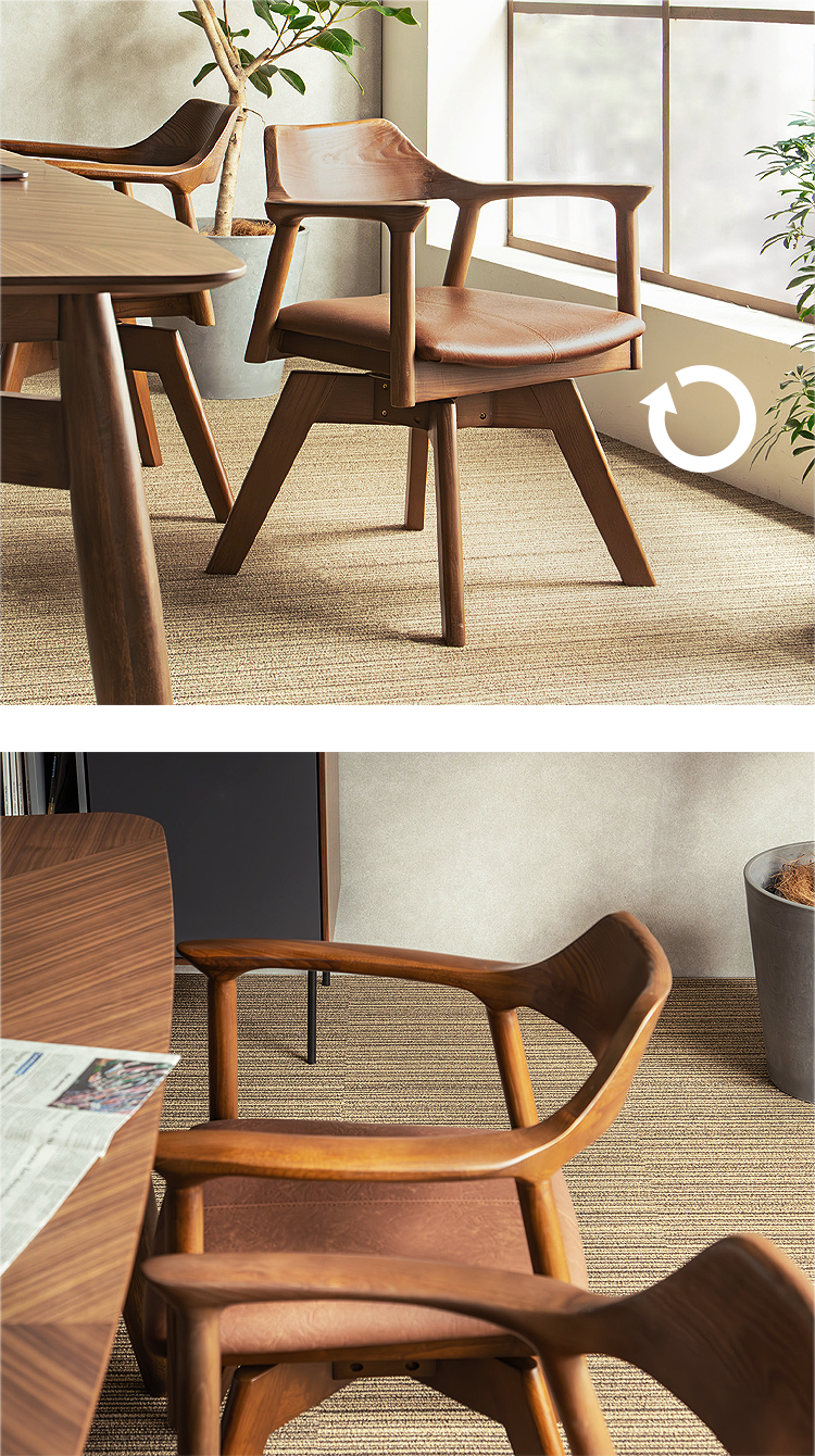 ダイニングチェア 回転式 肘付き レザー 合皮 木製 天然木 無垢材