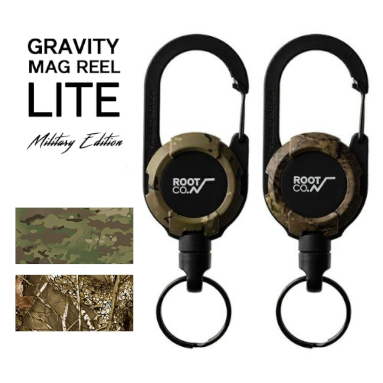 マグネット内蔵型リールカラビナ ミリタリーエディション カモフラ 迷彩 ROOT CO. GRAVITY MAG REEL LITE｜g-field