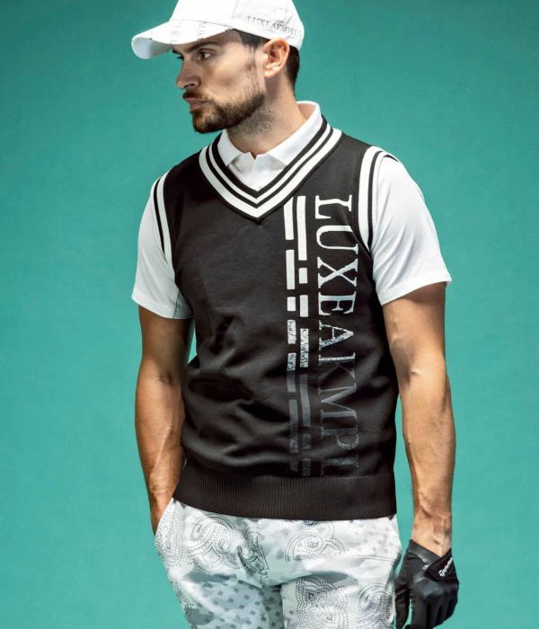 LUXE AKM PLUS バーティカルロゴニットベスト メンズ Vネック ゴルフ