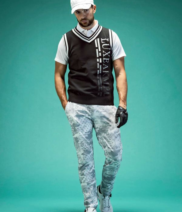 LUXE AKM PLUS バーティカルロゴニットベスト メンズ Vネック ゴルフ