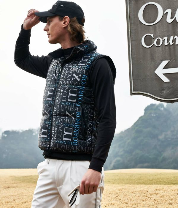 SALE セール ロアーコラボ総柄ロゴ中綿ベスト LUXEAKMPLUS×roar メンズ 男性 アウター ゴルフ GOLF リュクスエイケイエムプラス｜g-field