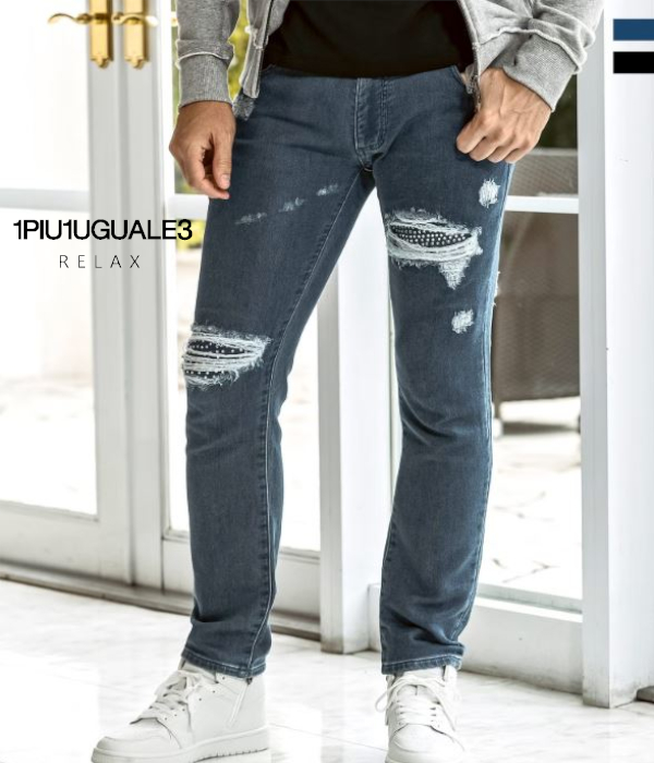 1PIU1UGUALE3 RELAX ラインストーンダメージジョグデニムパンツ メンズ