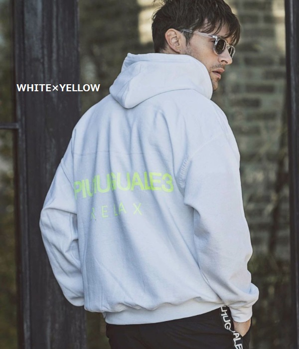 1PIU1UGUALE3 RELAX ネオンカラーバックロゴプルオーバーパーカー