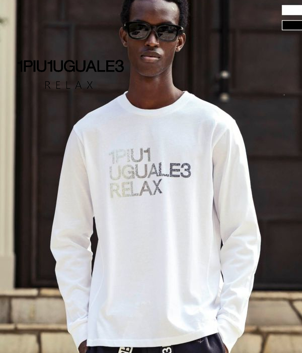1PIU1UGUALE3 RELAX ラインストーンネックロゴTシャツ 長袖 1PIU1UGUALE3 RELAX ラインストーンロゴロングTシャツ メンズ