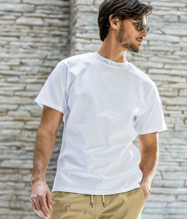 1PIU1UGUALE3 RELAX ラインストーンネックロゴTシャツ 半袖 beans-webshop_ust-23019