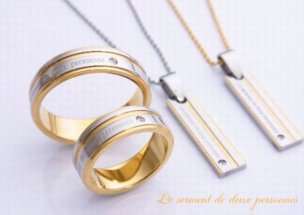 フランス語で「ふたりの誓い」ルセルリング指輪とプレートステンレスネックレス