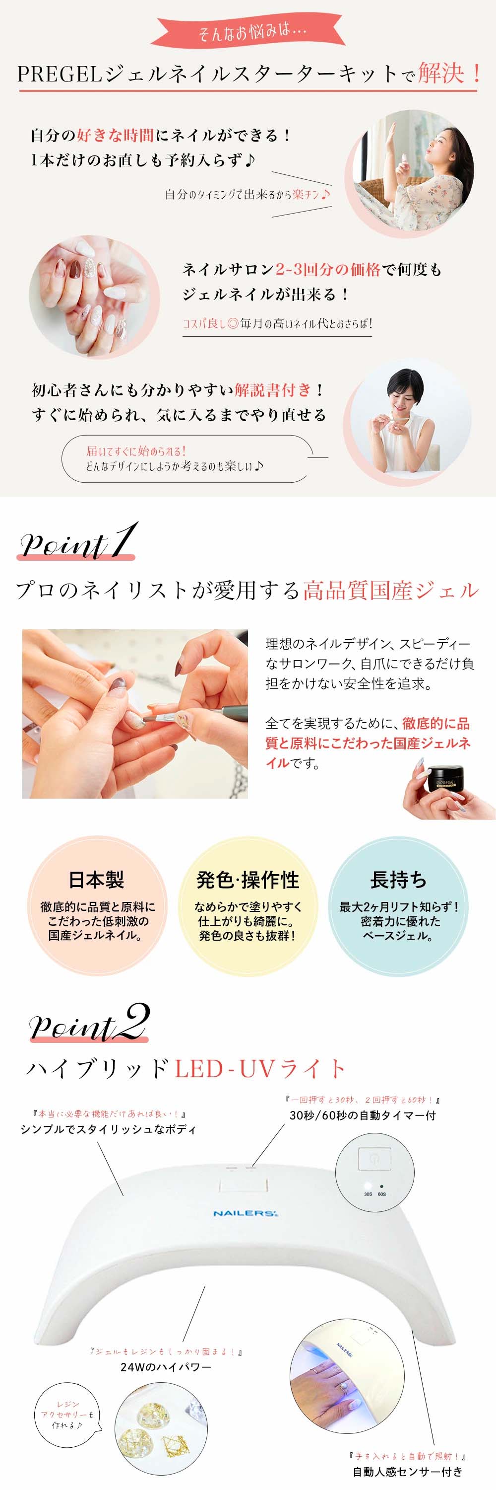 PREGEL プリジェルネイルスターターキット 国産カラージェル4色+UV-LED
