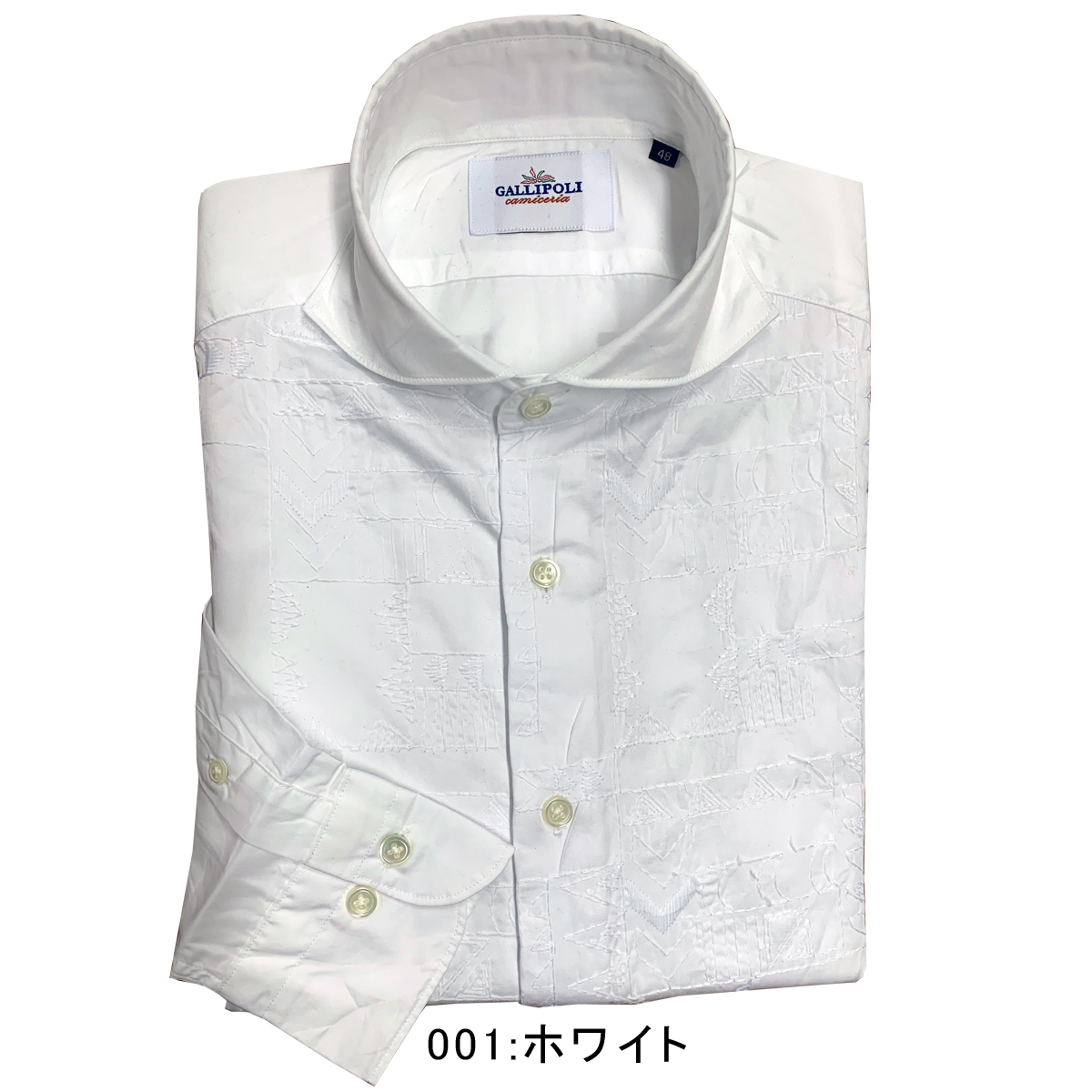 シャツ メンズ 日本製シャツ ジオメトリック 刺繍シャツ 幾何学 カッタウェイ 白 紺 600674 GALLIPOLI camiceria  ガリポリカミチェリア