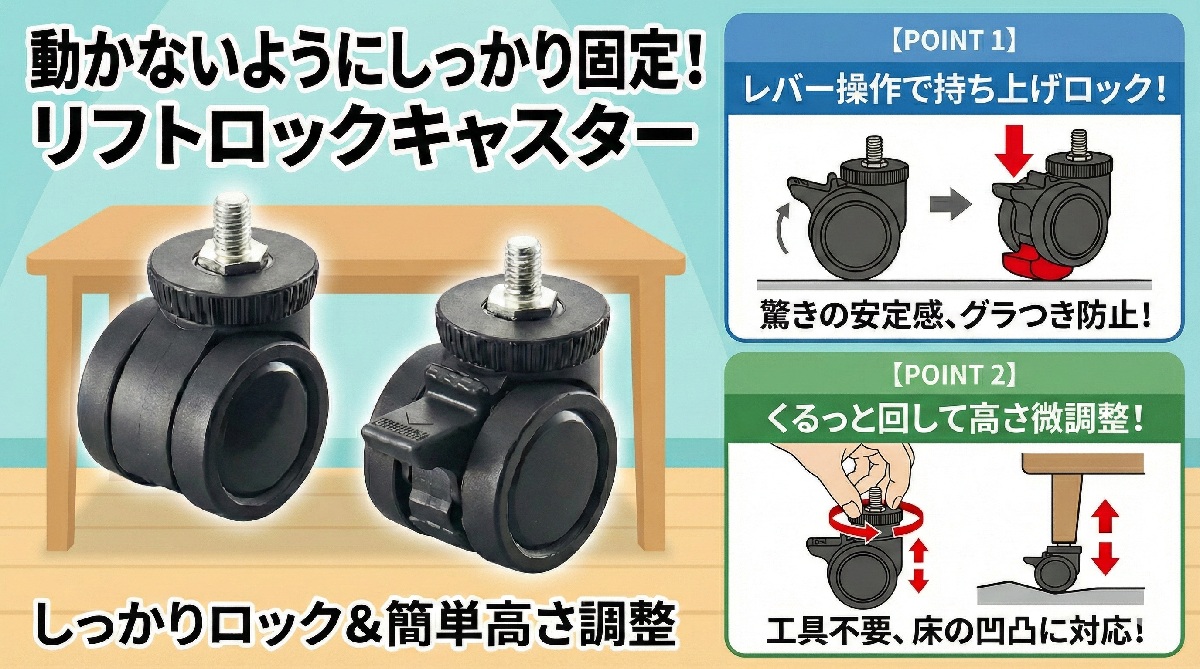 ニシキ工業 リフトロックキャスター搭載。移動と安定性を両立