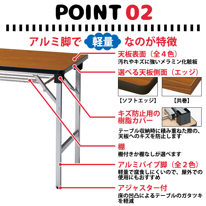 会議用テーブル 折りたたみ 軽量 長机 E-AT-1860TN 幅1800x奥行600x高さ700mm 共巻 棚なし 角型 折畳 会議室 集会所の画像