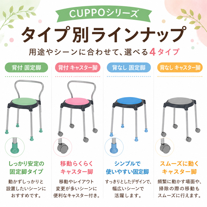 タイプラインナップ 4タイプ 背付 背なし 固定脚 キャスター脚