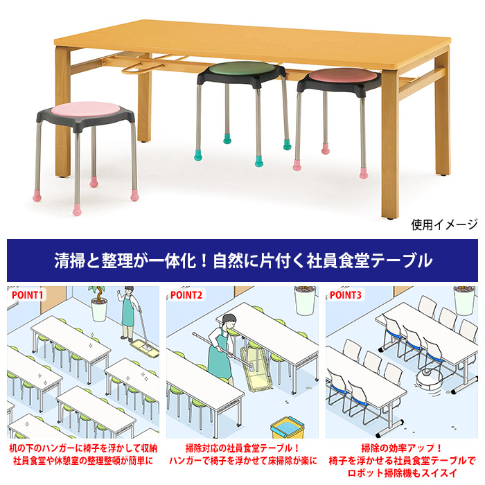 社員食堂テーブル 会社 4人用 床掃除簡単 丸椅子収納可能 E-MU-1590 幅1500x奥行900x高さ700mmの画像