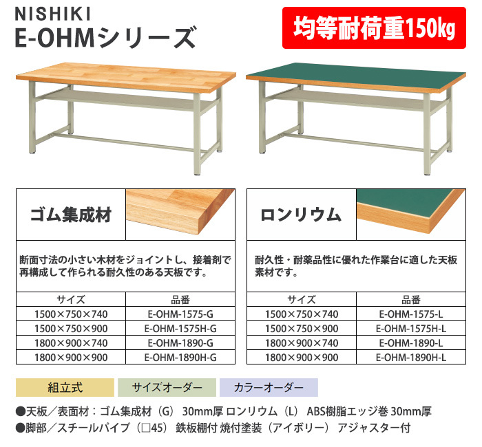 作業台 ロンリウム天板 E-OHM-1890-L 幅180x奥行90x高さ74cm 均等耐