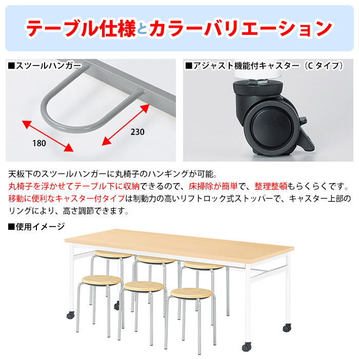 社員食堂テーブル 会社 丸椅子 6人用 床掃除簡単 社員食堂用テーブル E-RHM-1875C 幅1800x奥行750x高さ700mm 6人用 キャスタータイプの画像