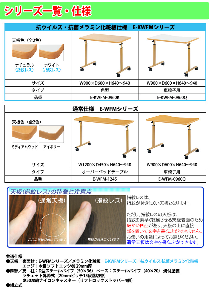 福祉施設 テーブル 上下昇降付 キャスター付 E-WFM-0960Q 幅90x奥行60x高さ64〜94cm 介護施設 ダイニングテーブル 老人ホーム  デイサービス 車椅子