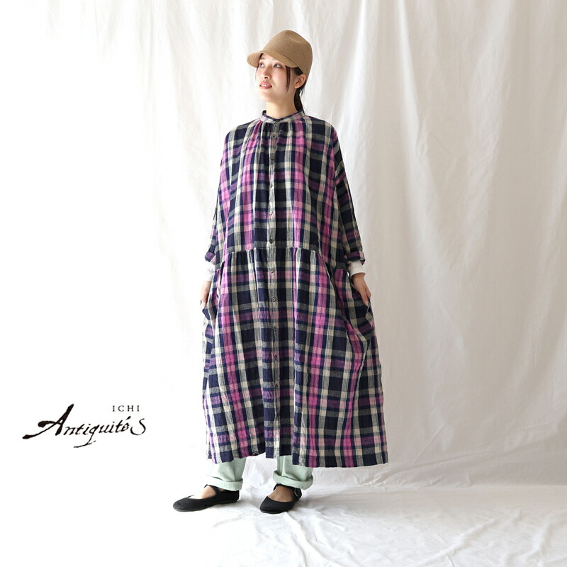 TK0317⭐︎新品 イチアンティークス⭐︎チェック リネンロングワンピース ICHI Antiquites イチアンティークス リネンコットンタータン