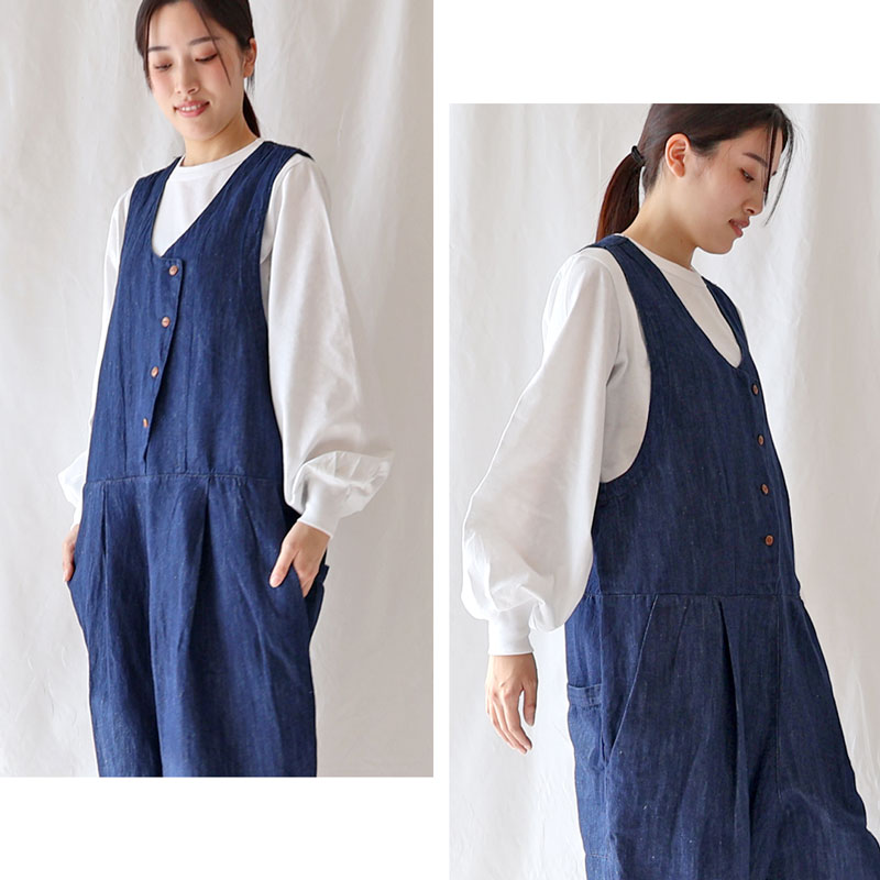 美品　ツムグ tumugu　10ozコットンリネンデニム　オールインワン tumugu, ツムグ, TB24433, 10oz コットンリネンデニムオールインワン