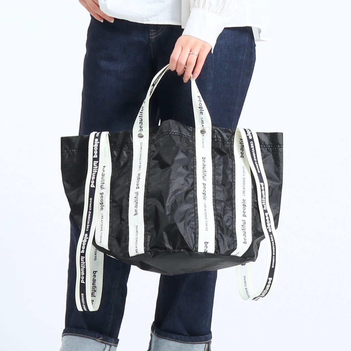 最大36%★5/7限定 ビューティフルピープル トートバッグ beautiful people sail cloth logo tape shift  bag S トート 2WAY レディース 611938