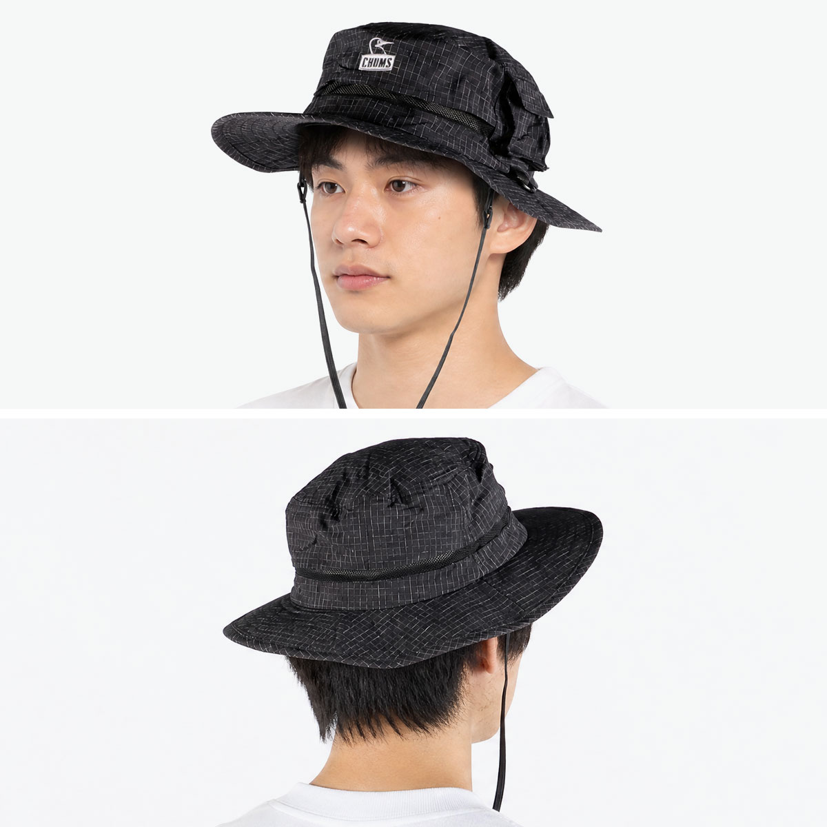 CHUMS ブラック アウトドアハット 新品 CHUMS チャムス 帽子 ハット シンプル ロゴ おしゃれ ひも付き 野外