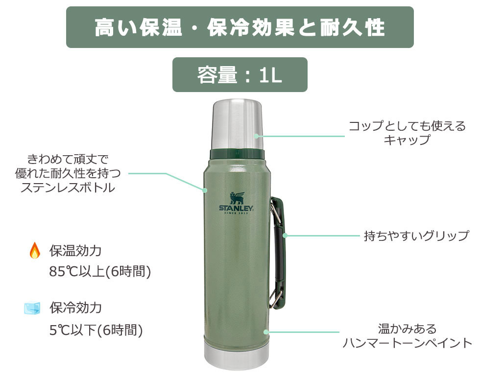 最大41%★12/1限定 正規取扱店 スタンレー 水筒 STANLEY クラシック 真空ボトル 1L CLASSIC SERIES ステンレス 大容量  コップ ハンドル 保温 保冷 10-08266