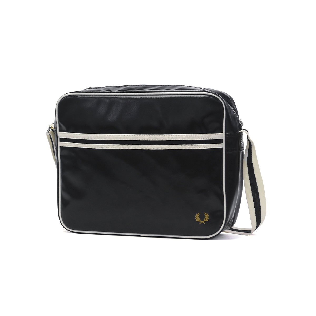 FRED PERRY ブラックレザーショルダーバッグ FRED PERRY ロゴ エンブレム デザイン レザー ショルダーバッグ