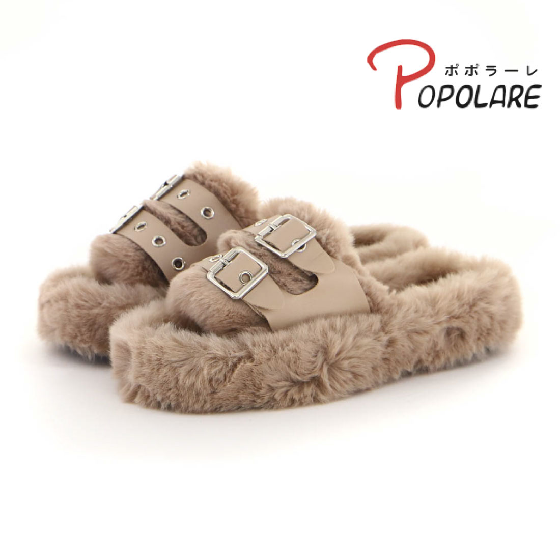 レディース サンダル ダブルベルトファーサンダル もこもこ ふわふわ