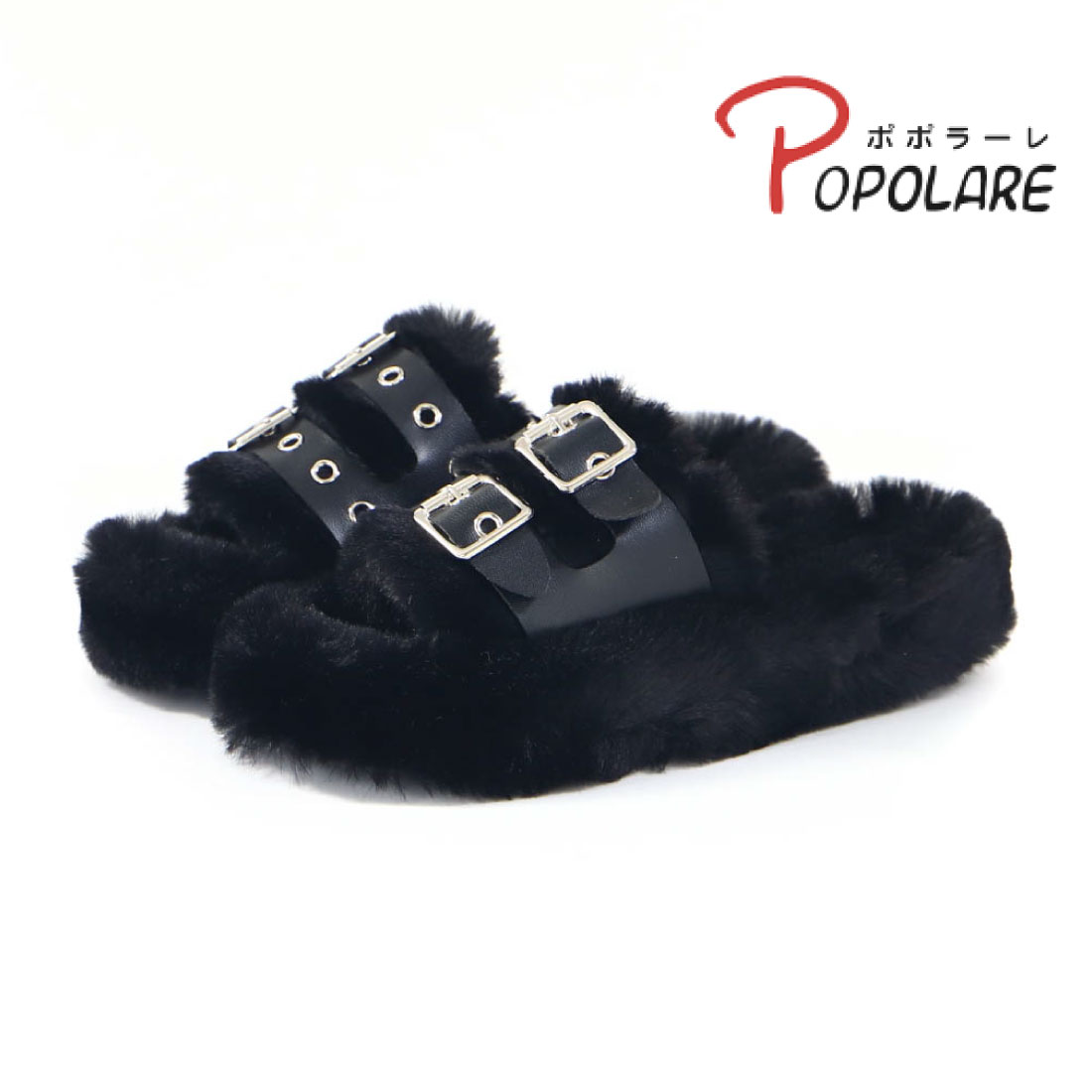 レディース サンダル ダブルベルトファーサンダル もこもこ ふわふわ