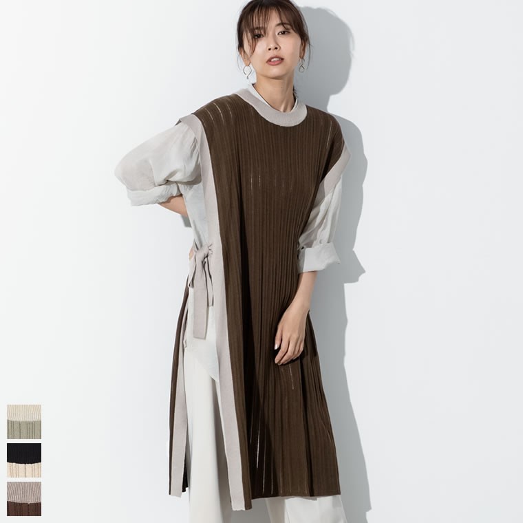 ベスト レディース チュニック ニット レイヤード 膝下 バイカラー 透かし編み お家で洗える 手洗いできる Reedit リエディ 通販 Yahoo ショッピング