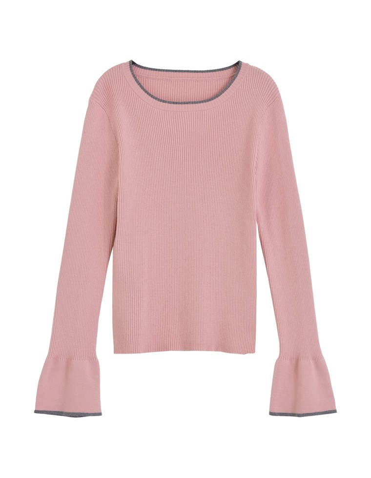 フレアスリーブ配色リブニットトップス