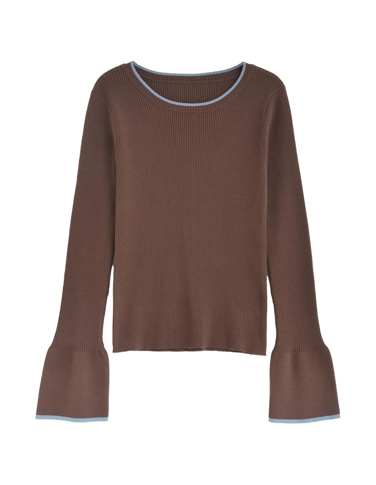 フレアスリーブ配色リブニットトップス