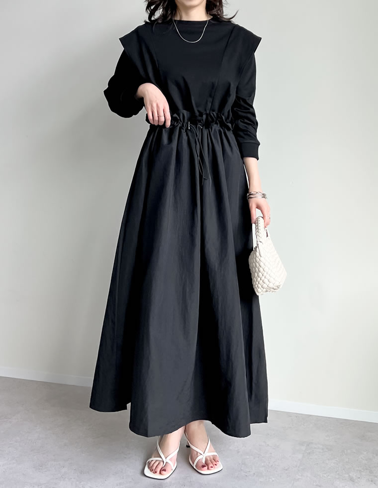 新品 F フリル ドッキング ロングワンピース シンプル 大人可愛い 夏 黒 classicalelf ワンピース 接触冷感♪夏 大活躍！涼しげフリルで